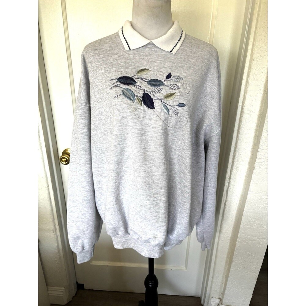 Vtg 90s Cottagecore Grandmacore Embroidered Leaves Collar Pullover Sweatshirt XL